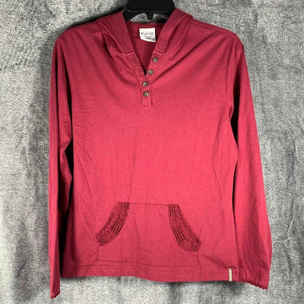 Columbia Shirt Womens Medium Maroon Long Sleeve T Shirt Crochet Trim Outdoor